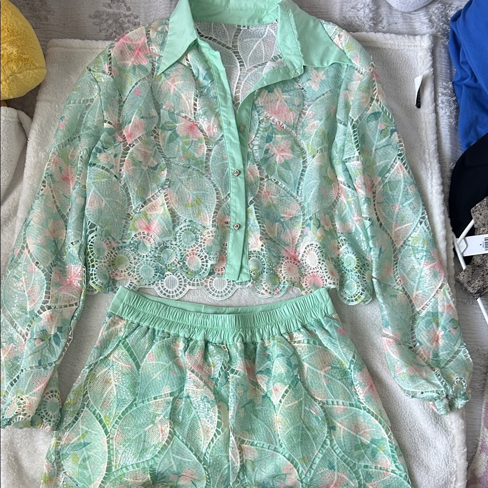 Mint Green Lace Two-Piece Set with Pastel Floral Print